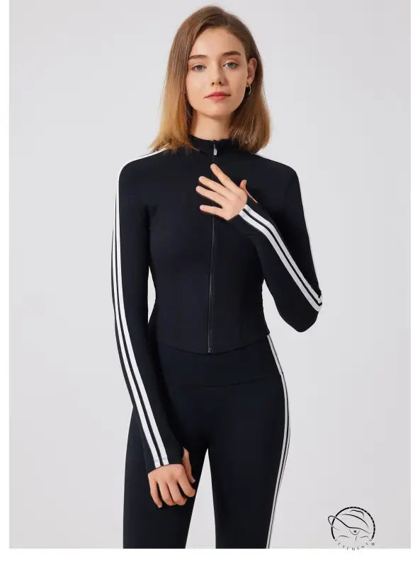 Black adidas tracksuit with white stripes, running skin friendly fitness top