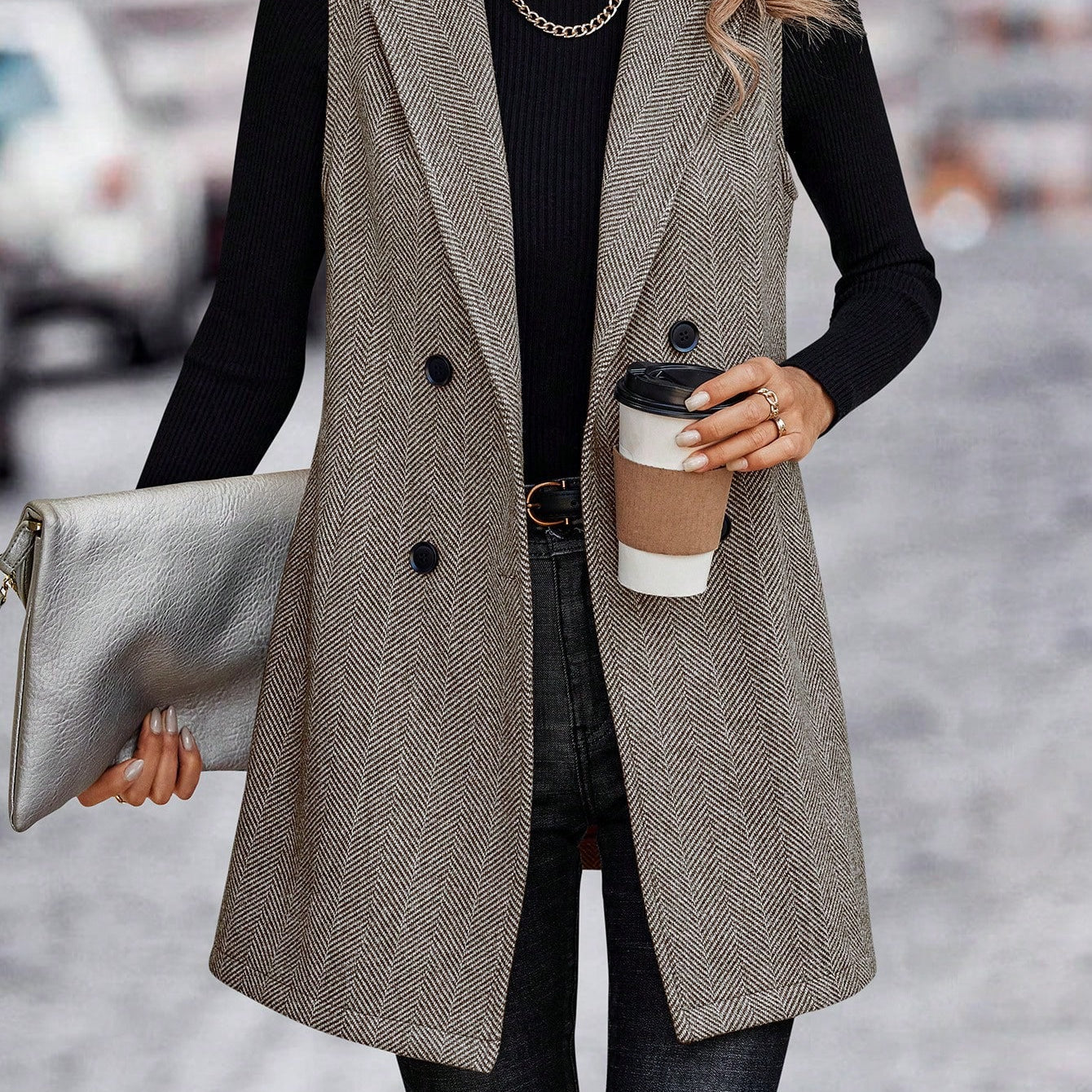 Elegant Ladies Vest Sleeveless Jacket in herringbone pattern, a stylish addition to any fashion wardrobe