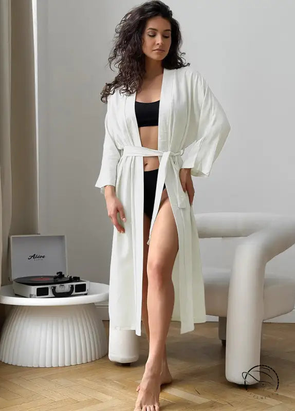 Elegant langry fashion white silk robe with belted waist and side slit