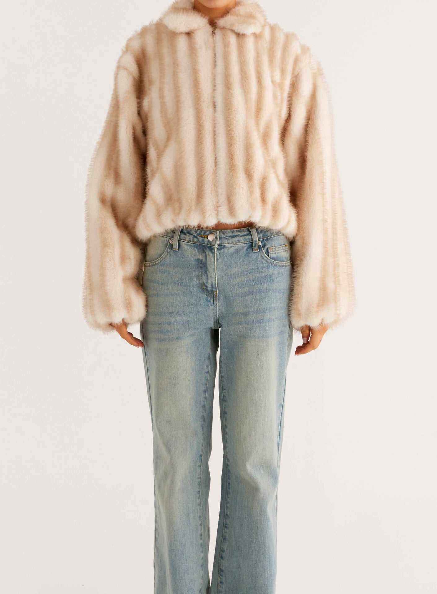 Beige faux fur cropped jacket with hood, striped pattern, Langry fashion