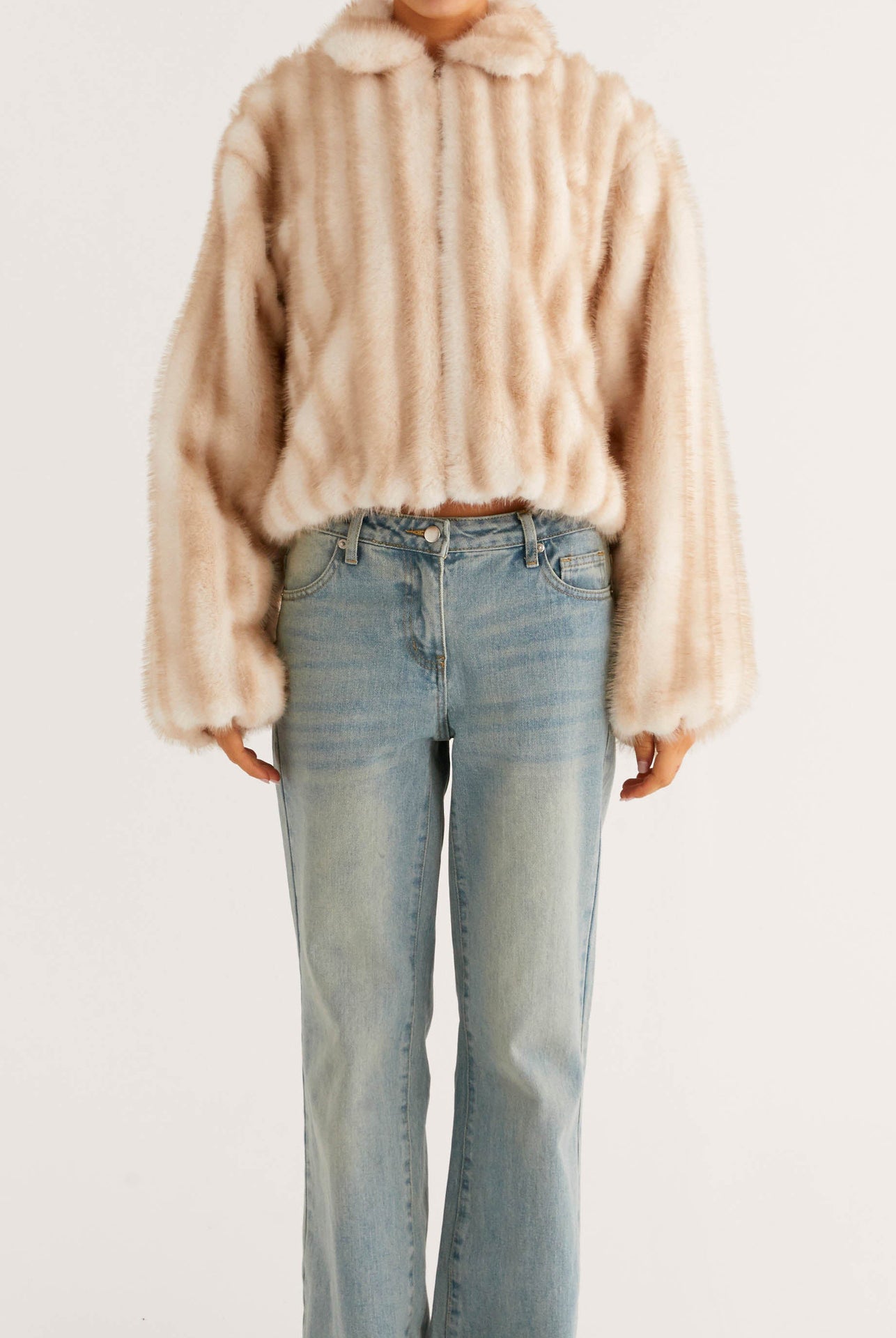 Beige faux fur cropped jacket with hood, striped pattern, Langry fashion