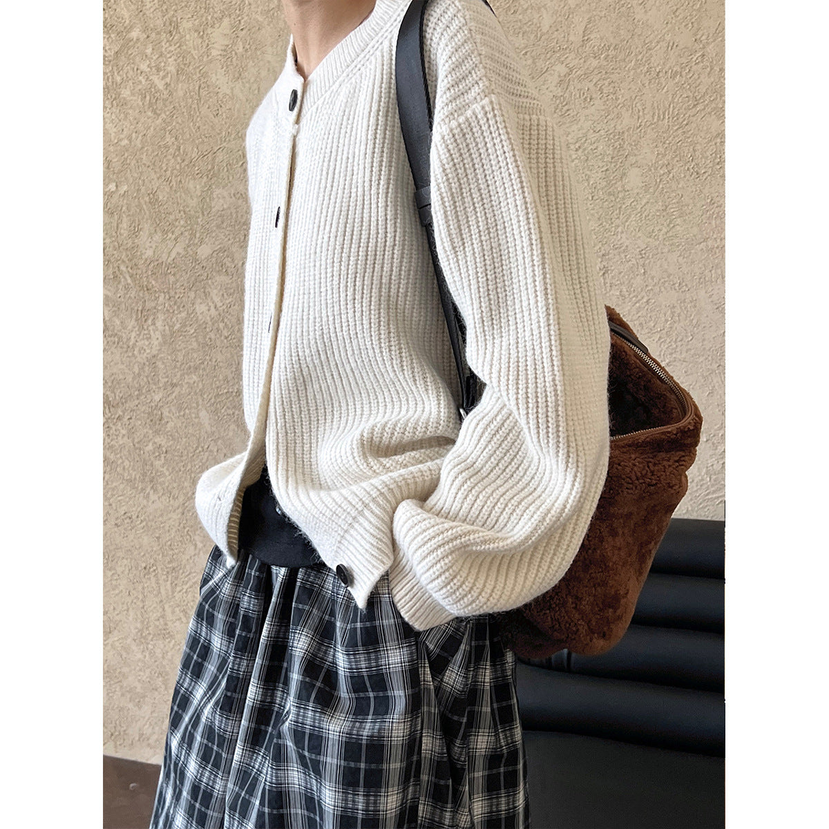 Cream-colored knit cardigan with regular sleeves from the Langry Chic Cardigan Sweater collection