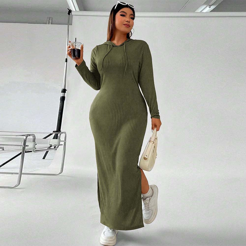Olive green ribbed maxi dress with hood, stylish winter sheath fashion piece