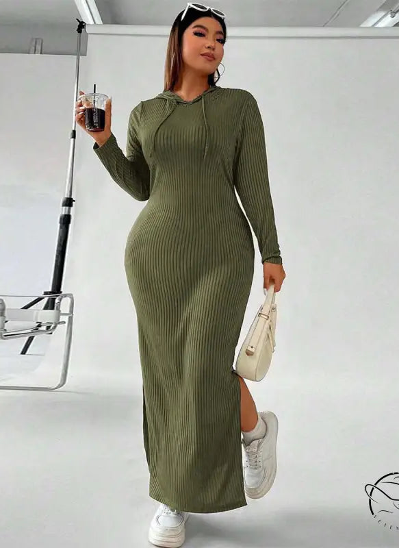 Olive green ribbed hooded winter sheath maxi dress