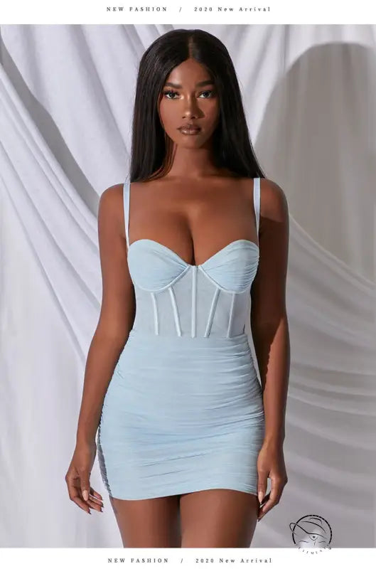 Light blue ruched mini dress in elegant design sling boning corset