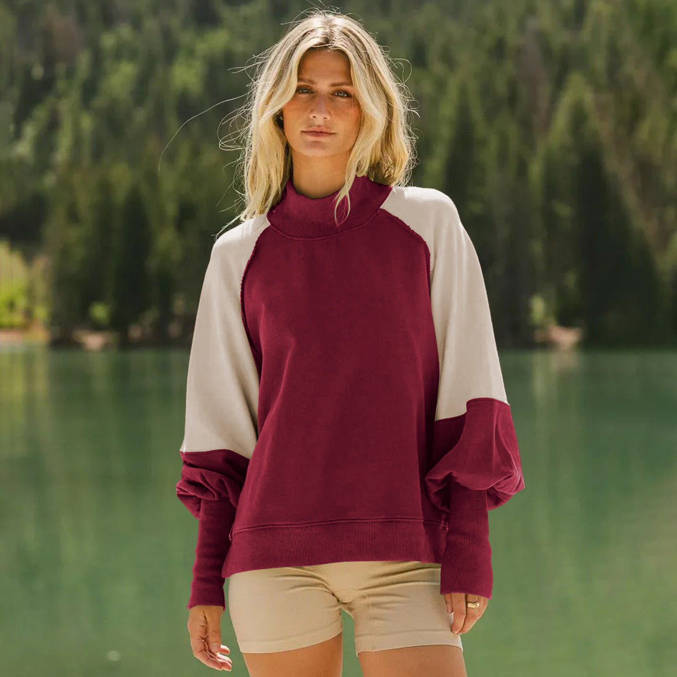 Burgundy and cream colorblock langry fashion sweater with balloon sleeves