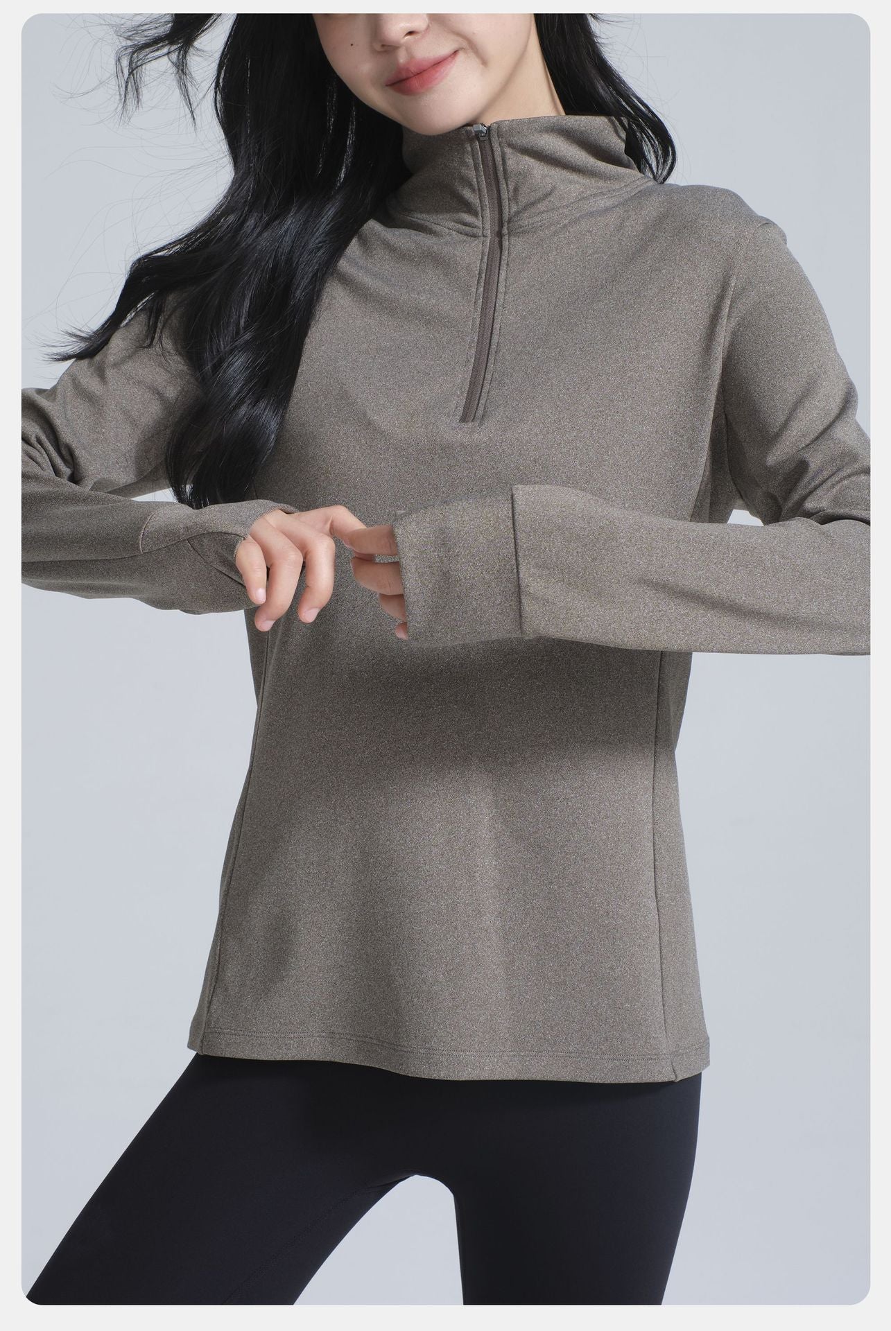 Women’s winter thermal velvet long-sleeved yoga jacket with quarter-zip mock neck and thumbholes, perfect for langry fashion and ملابس