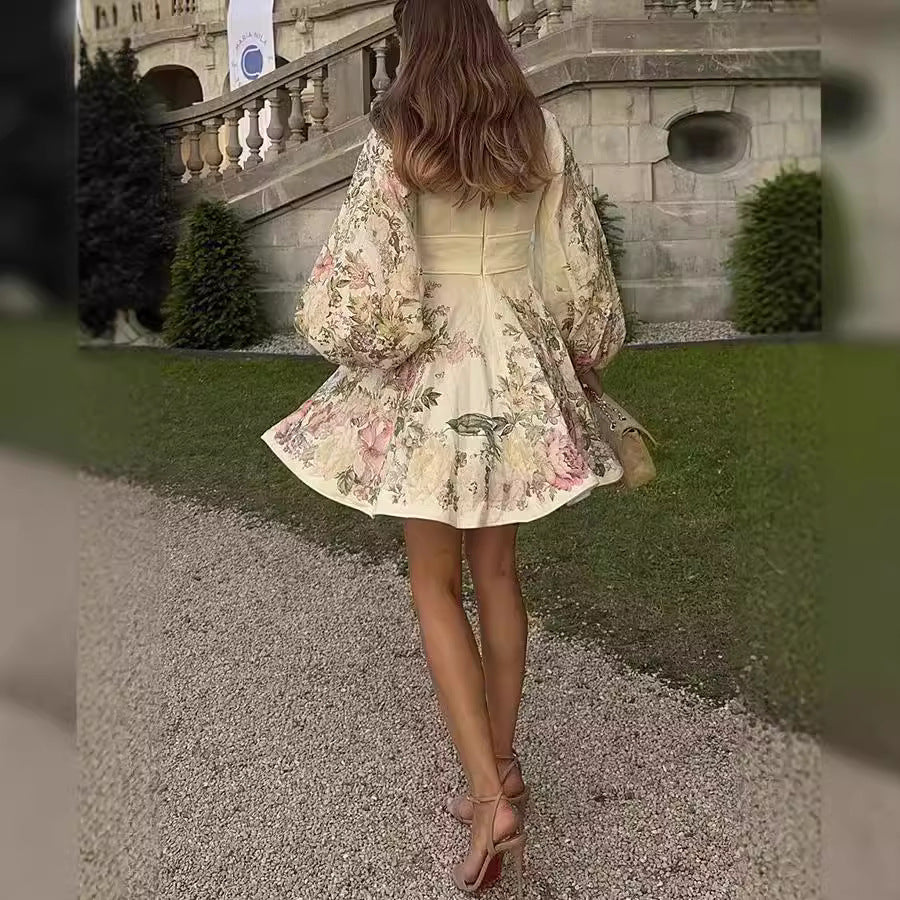 Elegant beige floral lantern sleeve trendy lace-up dress for fashionable women