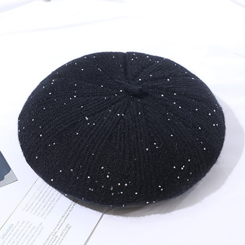 Black beret with silver sequins from Winter Knitting Hat, a stylish langry fashion accessory