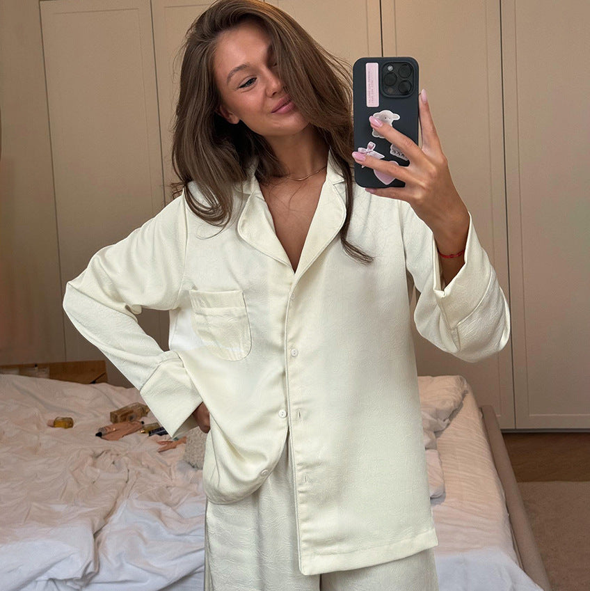Woman in light-colored satin pajamas taking a mirror selfie for Casual Skin Friendly Home Wear fashion
