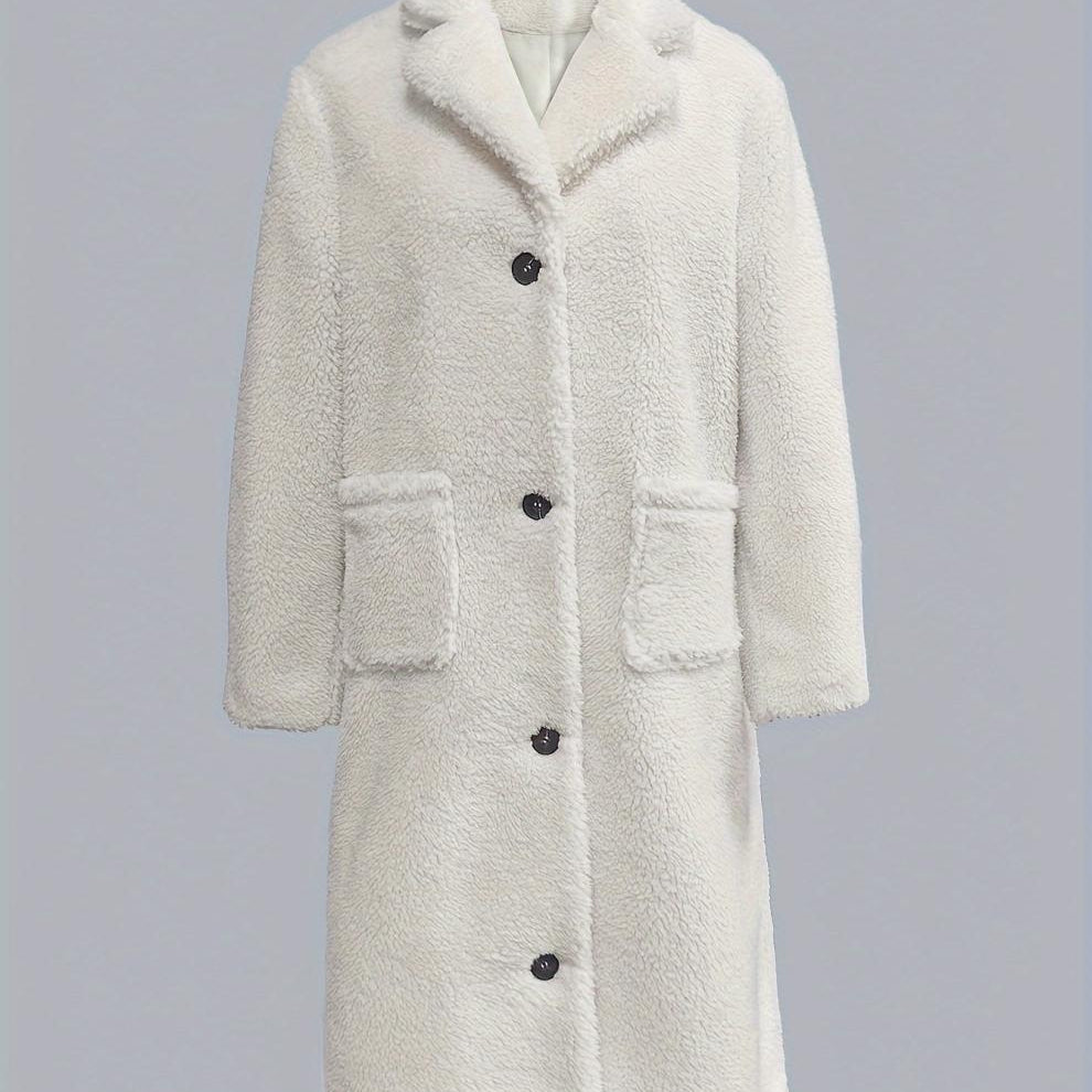 Long white faux-fur coat with pockets from Fur Collared Plush Long Coat collection, stylish fashion ملابس