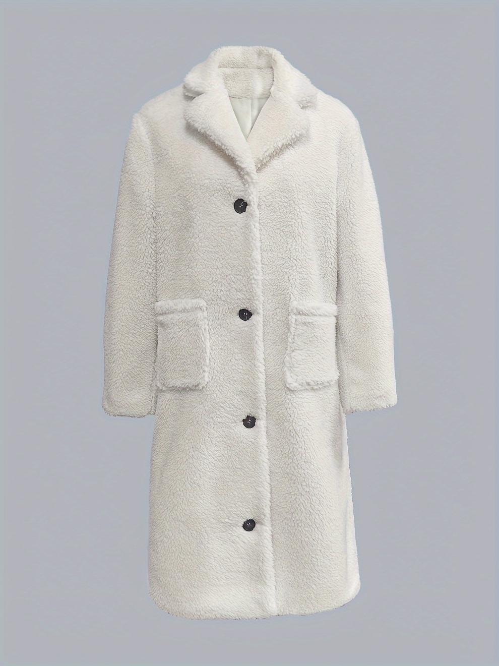 Long white faux-fur coat with pockets from Fur Collared Plush Long Coat collection, stylish fashion ملابس
