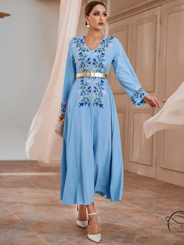 Light blue embroidered slim dress with belt, floral langry fashion ملابس