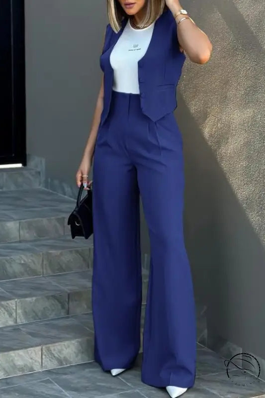 Elegant vest jacket wide leg pants set in blue with wide legs