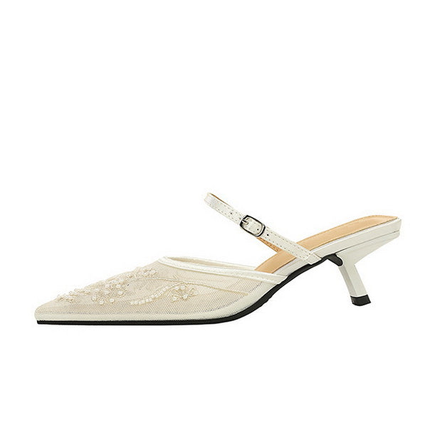 Langry fashion cream kitten heel mule with floral embroidery strap