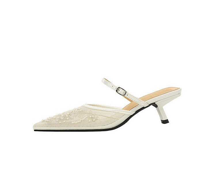 Langry fashion cream kitten heel mule with floral embroidery strap