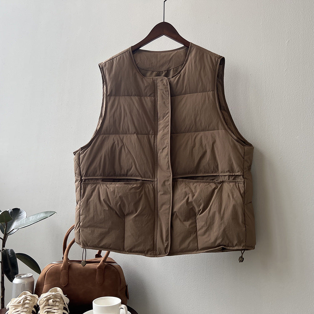 Brown quilted sleeveless vest with pockets, zipper, ideal for Winter Korean fashion ملابس