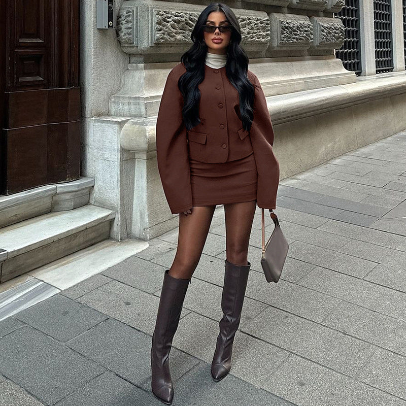 Brown skirt suit with knee-high boots in Modern Cardigan Top Slim Fit Skirt Set fashion ملابس