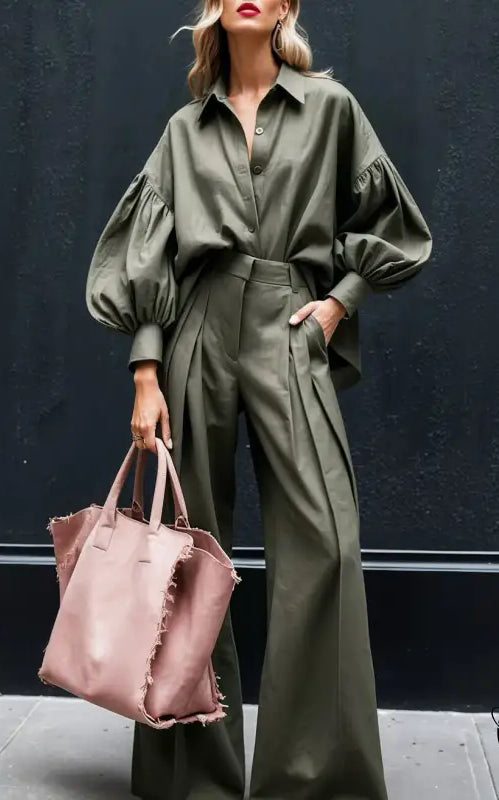 Elegant Long Sleeved Shirt Wide Leg Pants Cotton Linen Two Piece Sets