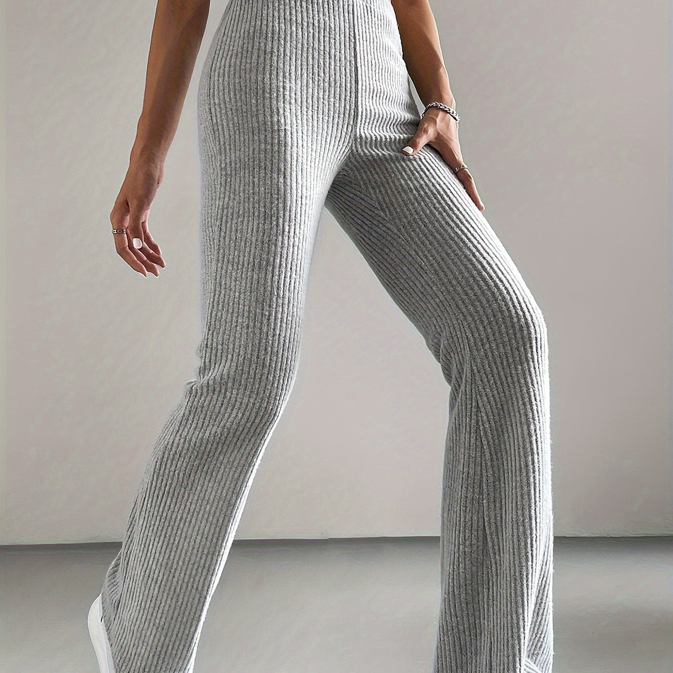 Light grey ribbed knit flare pants from Casual Knitted All Match Pants collection