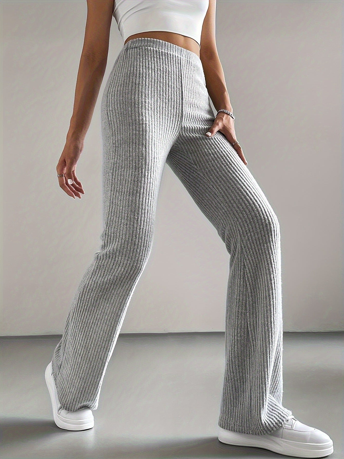 Light grey ribbed knit flare pants from Casual Knitted All Match Pants collection