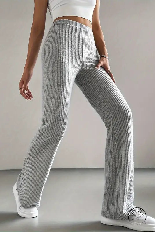 Light grey ribbed knit flare casual knitted match pants by Langry