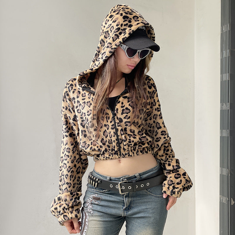 Leopard print thermal hooded sweatshirt showcasing trendy ملابس fashion for stylish looks
