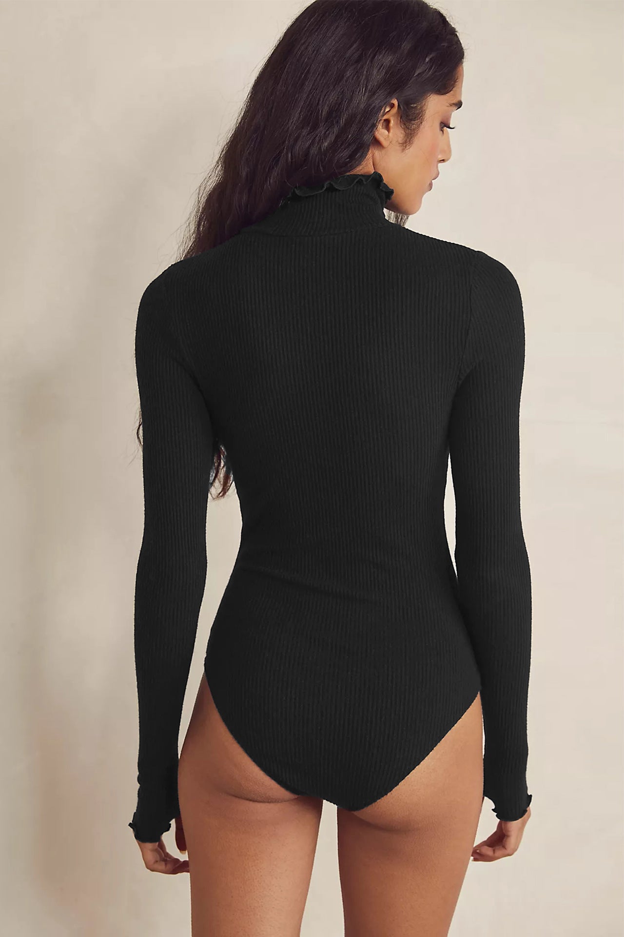 Black ribbed long sleeve bodysuit with high collar for women perfect for casual wear