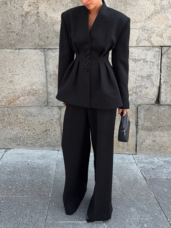 High Grade Pleated Waist Tight Blazer Trousers Two Piece Set