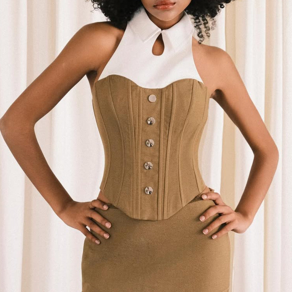 Elegant beige and white langry fashion halter neck dress with button detail