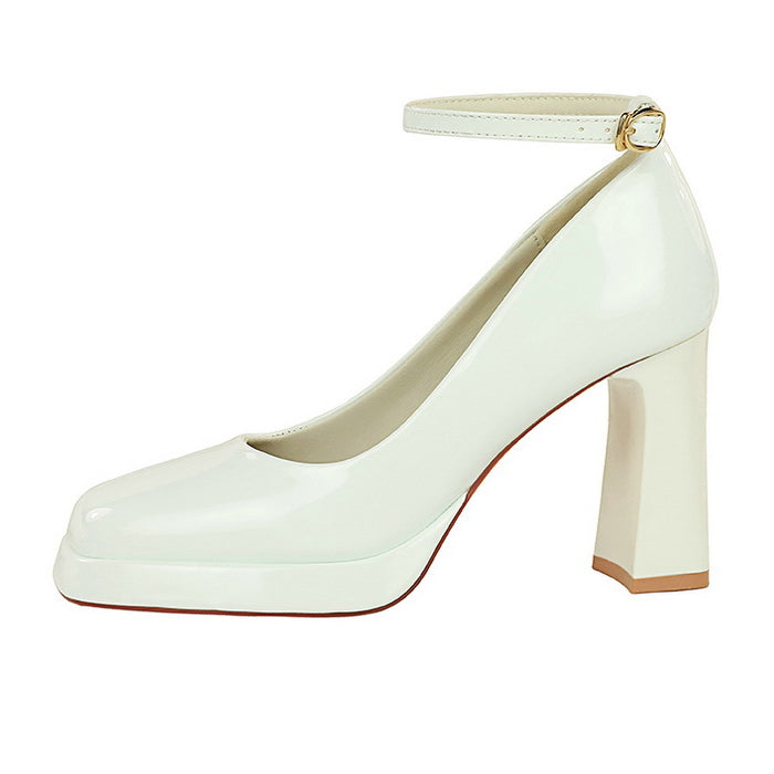 Leather Square Toe Ankle Strap High Heels