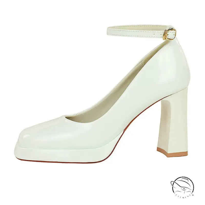 Leather Square Toe Ankle Strap High Heels