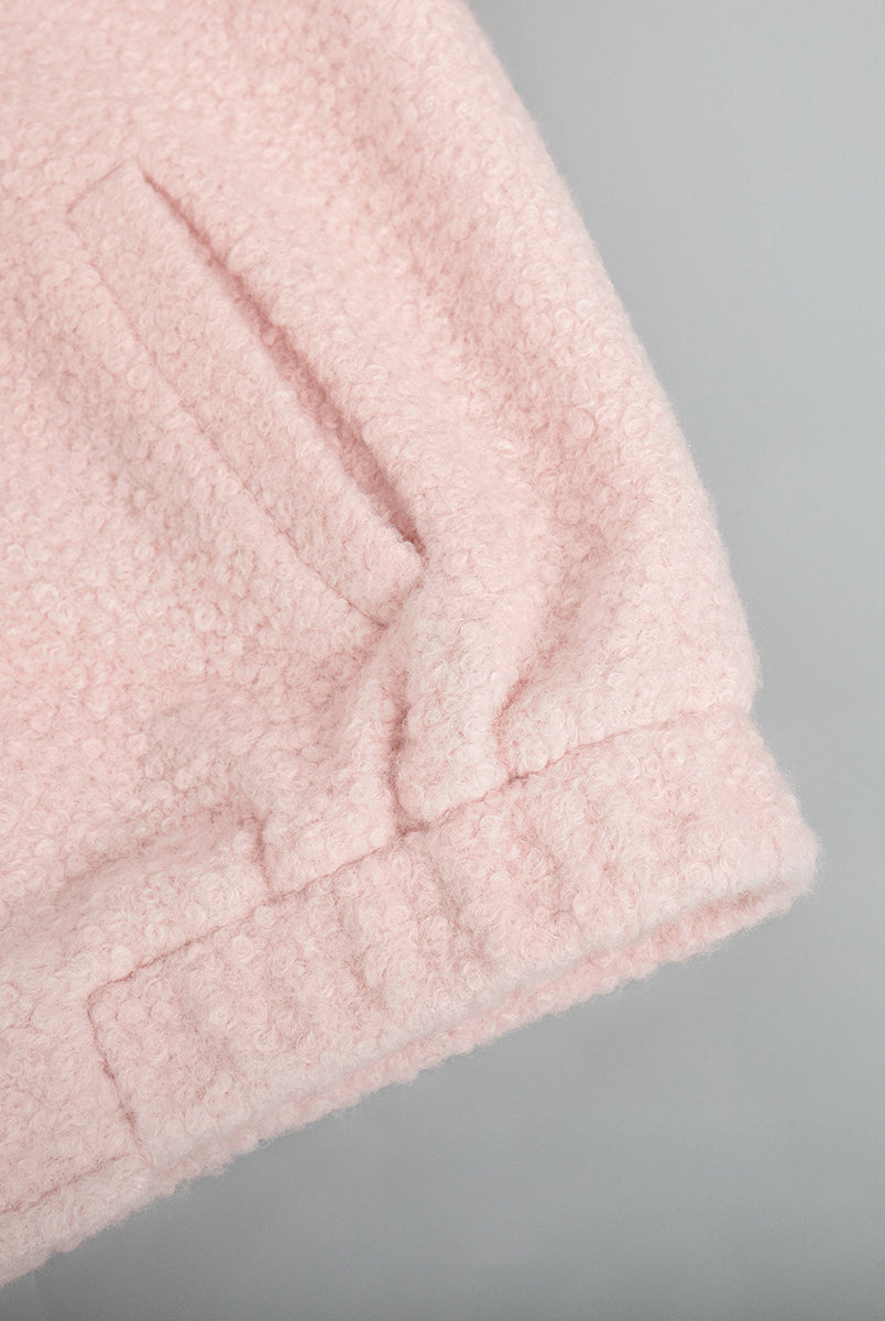 Pink fuzzy jacket sleeve with pocket of Pink Short Furry Coat, stylish short furry coat