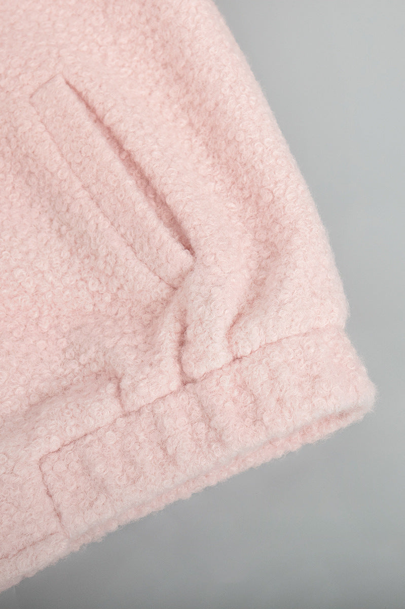 Pink fuzzy jacket sleeve with pocket of Pink Short Furry Coat, stylish short furry coat