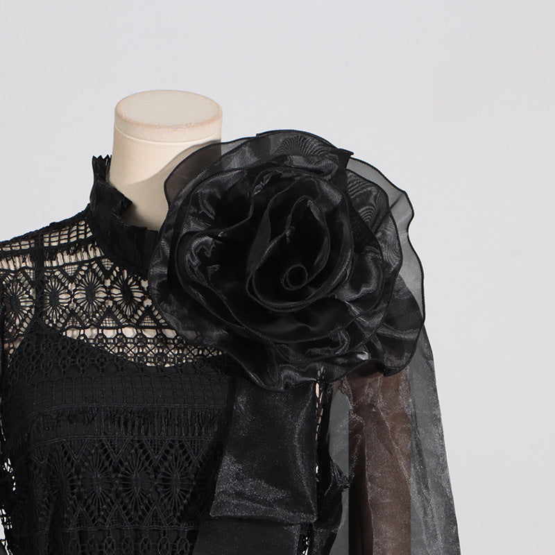 Black lace top with organza rose detail on Elegant High Sense Lantern Sleeve Dress