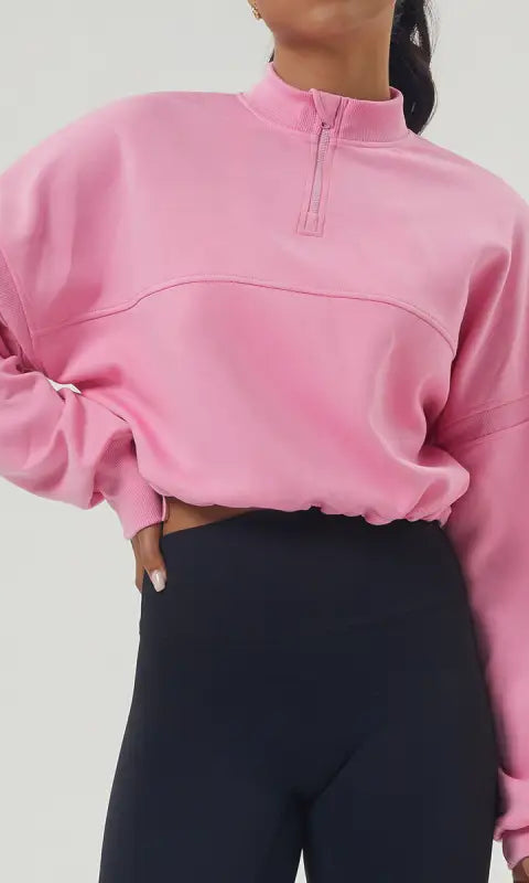 Pink autumn winter thickened quarter-zip sweatshirt for women