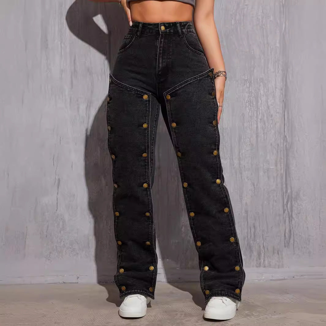 Black denim cargo pants with gold buttons from Denim Non Stretch Hip Hop collection