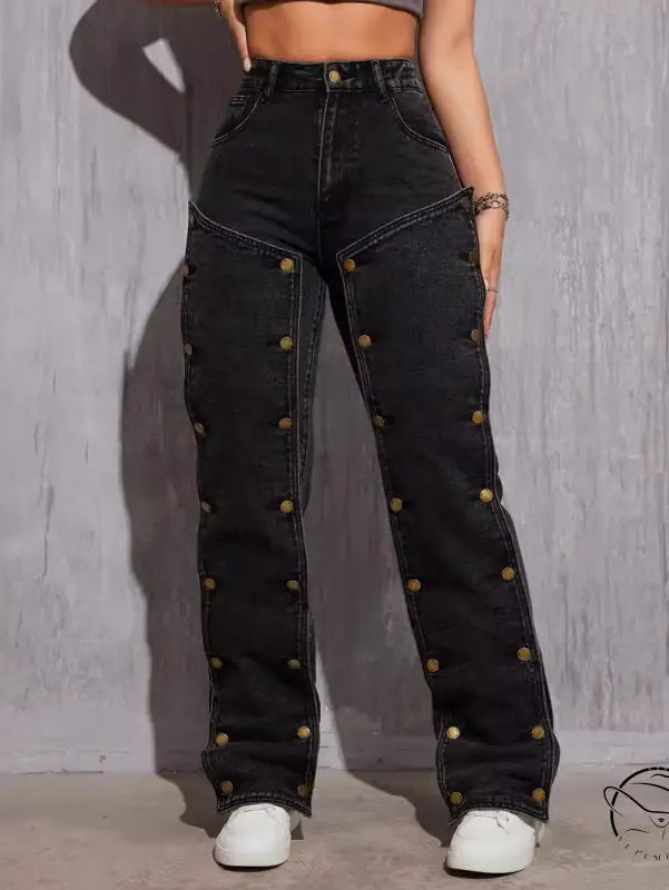 Black denim hip hop cargo pants with gold buttons and detachable stitching