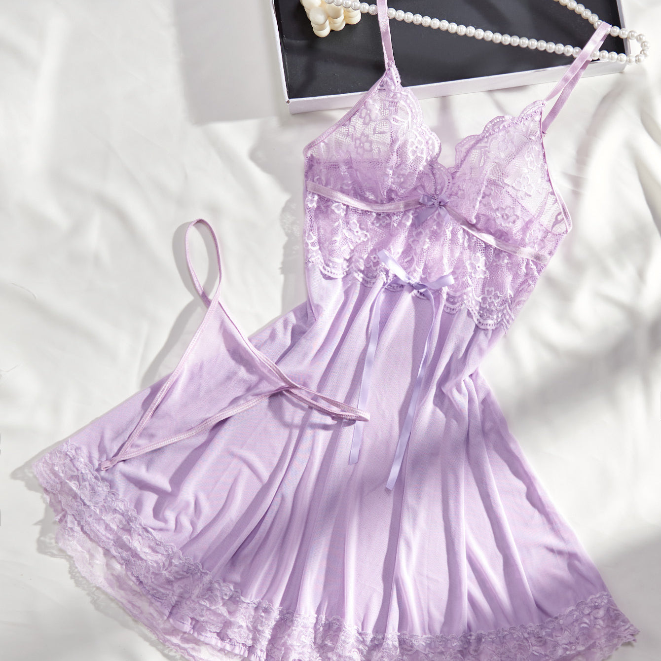 Lingerie Seamless Triangle Cup Sling Dress Thin Strap t Back See Through Seduction Two Piece Pajamas