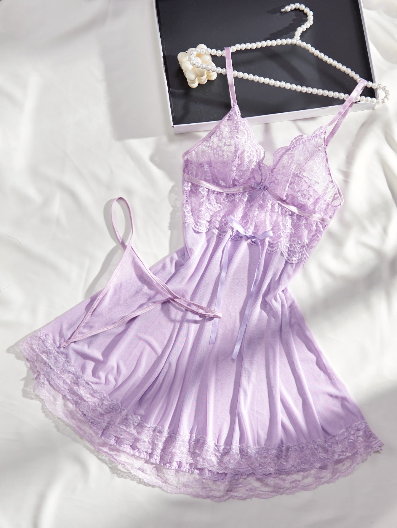 Lingerie Seamless Triangle Cup Sling Dress Thin Strap t Back See Through Seduction Two Piece Pajamas