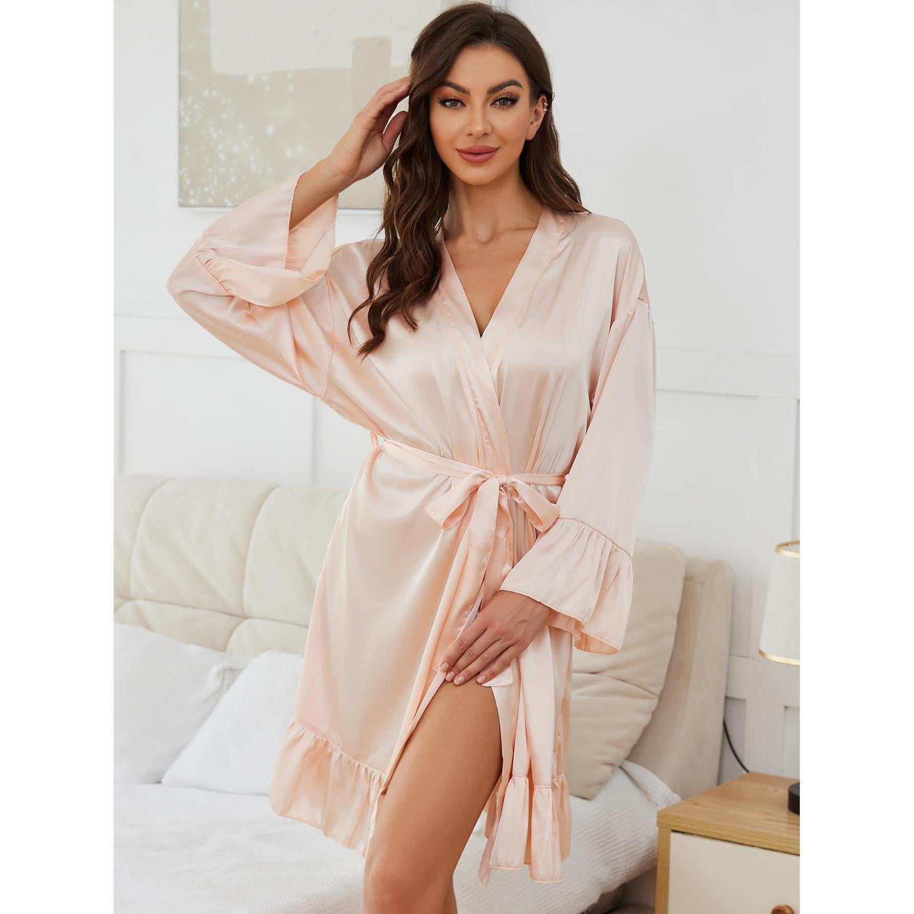 Light pink satin long sleeve robe with ruffled trim and tie waist, perfect for fashion and comfort