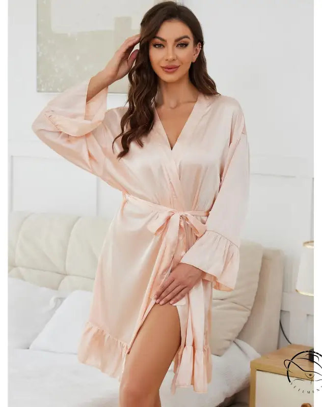 Light pink satin long sleeve robe with ruffled trim