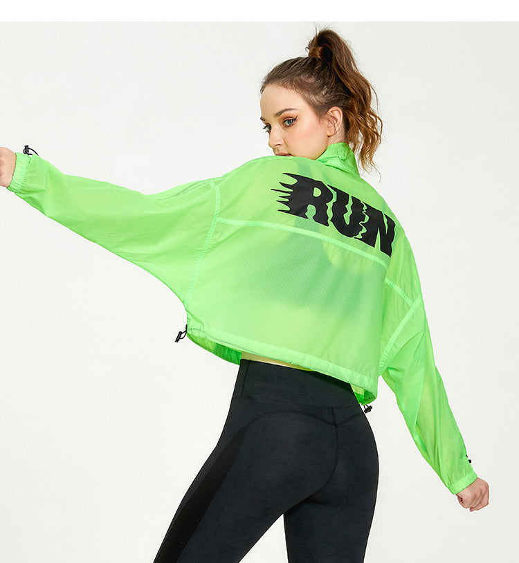 Neon green running jacket from Langry, perfect for fitness yoga wear and casual fashion