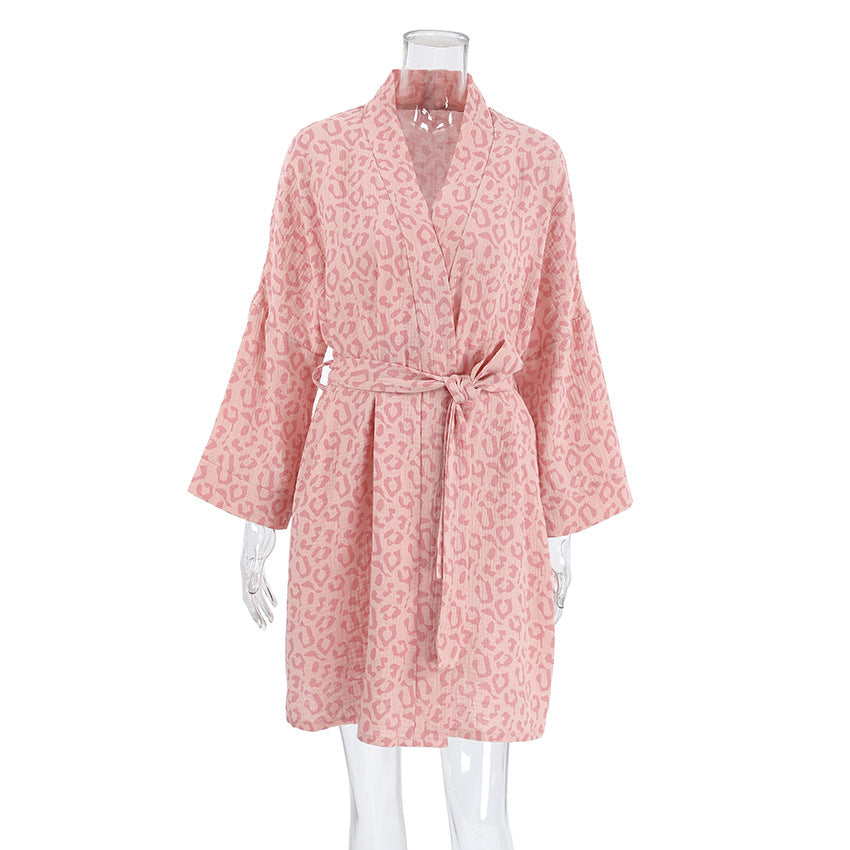 Pink leopard print kimono robe with self-tie belt, perfect as a soft cardigan cotton nightgown