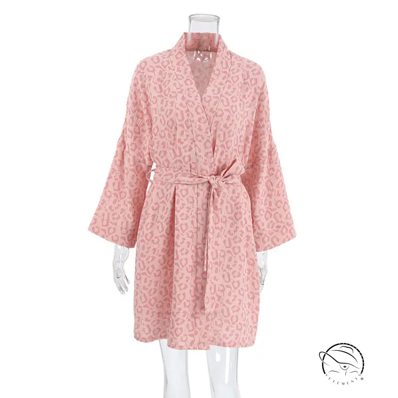 Pink leopard print kimono robe in soft cardigan cotton nightgown style