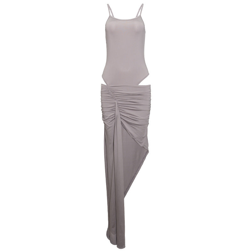 Sleek taupe Langry maxi dress with high slit and ruched sheath design