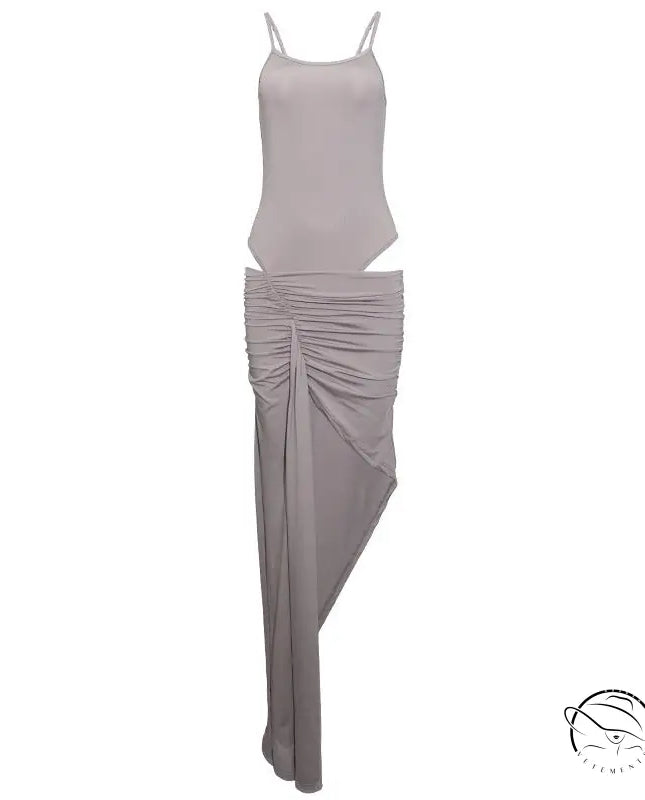 Sleek taupe maxi dress with ruched high-waisted skirt and thin strap tank