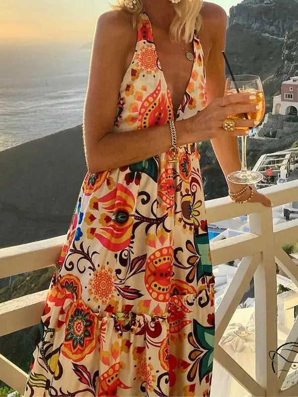 Summer halter backless holiday dress with floral paisley print