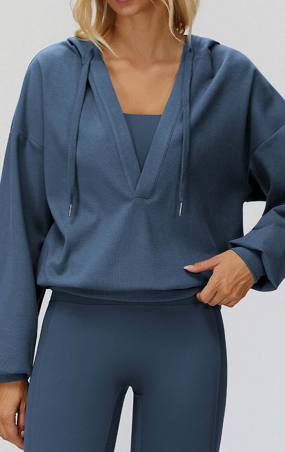 Langry loose comfortable exercise coat: blue hoodie with drawstring and pockets