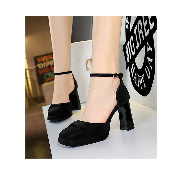 Langry Strap Super High Heel: black suede ankle strap pumps with patent leather accents